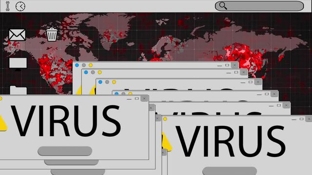 Digital animation of multiple tabs with hazard icon and virus text against computer digital interfac
