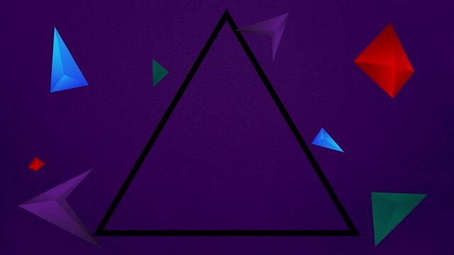 Digital animation of triangle shape black outline and multicolored triangle shapes moving against pu