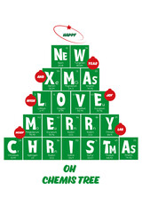 Periodic table Christmas tree, Christmas and New Year celebration poster, greeting card. Mendeleev table elements design for a holiday ornament, for school university teacher, laboratory person