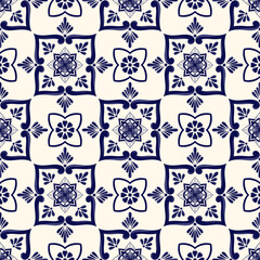Talavera tile pattern vector seamless with blue and white ceramic floral motifs. Portuguese azulejos, mexican, spanish, italian majolica ornament. Vintage texture for wallpaper or kitchen floor. - 388730431