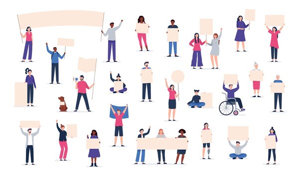 A big crowd of protesting people holding placards. Political active people taking part in a rally, protest. Strikes, protest around the world. Vector flat illustration. 