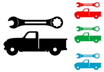 Taller mecánico. Icono plano silueta de vehículo pick up vintage con herramienta llave en varios colores