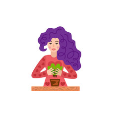 The girl plants a plant in a flower pot. Vector illustration.