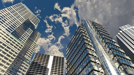 Skyscrapers and sky, modern high-rise buildings against the sky with clouds, bottom view, 3d rendering