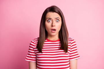Fototapeta premium Photo of shocked mad young woman straight hair open mouth wear casual red white t-shirt isolated pink color background