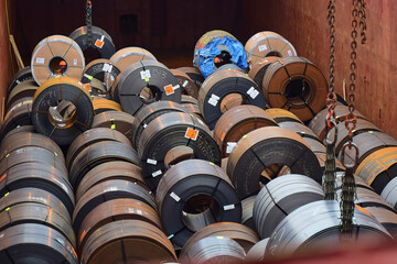 Newport.England.Sheet steel in the cargo hold of the ship.