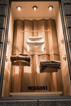 Milan, Italy - October 8, 2016: Window of a Missoni shop in Milan - Montenapoleone area, Italy. Few days after Milan Fashion Week. Fall Winter 2017 Collection.
