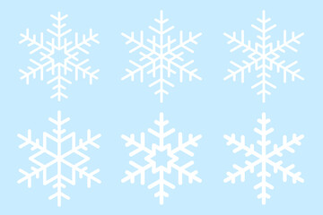 Set of white vector snowflake on blue background. Simple flat snowflake icons. Vector illustration for Christmas and New Year