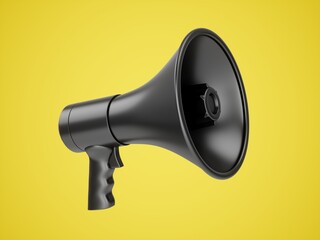 3D Rendering black Megaphone isolated on yellow background