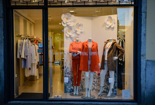 Lodi, Italy - February 28, 2017: Shop window of a Stefanel shop in Lodi Spring Summer 2017 Collection. Stefanel logo