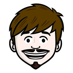 comic illustration of a laughing young man with beard and brown hair. frontal.