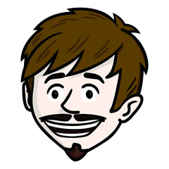 comic illustration of a laughing young man with a beard slanted from the side. beard.