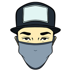 face of an asian man with baseball cap and face mask. avatar, comic, outline.