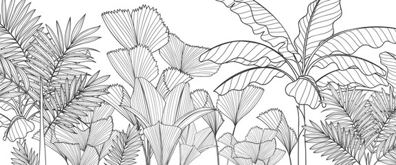 Luxury black and white tropical plant background vector. Floral pattern with golden tropical palm, coconut tree, split-leaf Philodendron plant ,Jungle plants line art on white background.