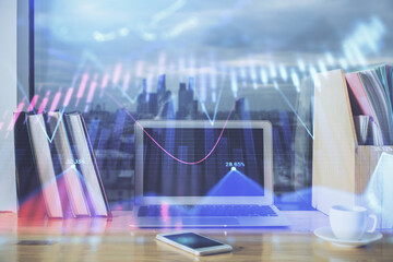 Forex market chart hologram and personal computer background. Multi exposure. Concept of investment.