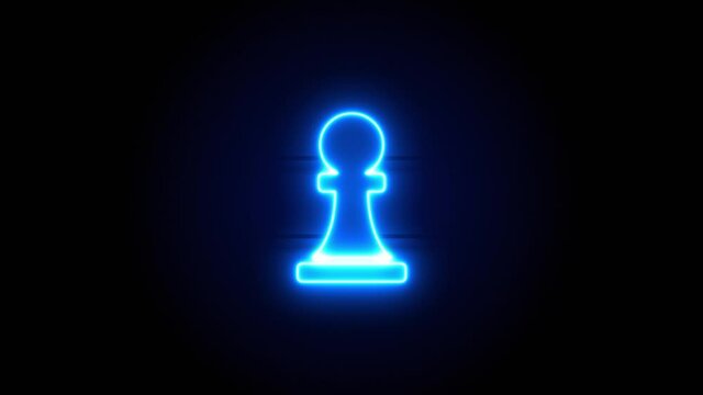 Chess Pawn neon sign appear in center and disappear after some time. Animated blue neon symbol on black background. Looped animation.