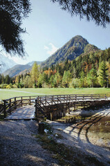 Beautiful view on a bridge near green lake in the mountains against the colorful autumn forest in slovenian alps. 