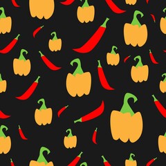 Cute orange, yellow and red peppers hand drawn seamless pattern. Vegetables modern background