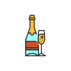  hampagne bottle and glass color line icon. Alcoholic beverages.