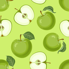 Green apple fruit and leaves seamless pattern. Food background. Vector cartoon flat illustration.