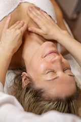 Fototapeta na wymiar Healthy Beautiful Woman Spa. Recreation Energy Health Massage SPA Beauty Treatment Concept.