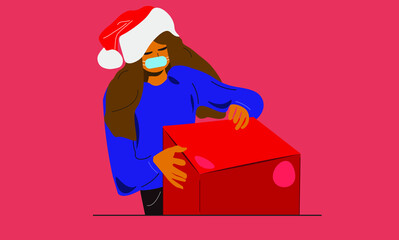 Vector of flat woman opening christmas gift with medical face protection mask. Christmas living with coronavirus concept. Covid in family gatherings and social distance.