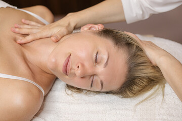 Fototapeta na wymiar Healthy Beautiful Woman Spa. Recreation Energy Health Massage SPA Beauty Treatment Concept.