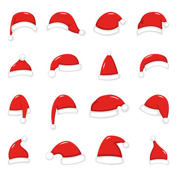 Set of red Santa Claus hats isolated on white background illustration