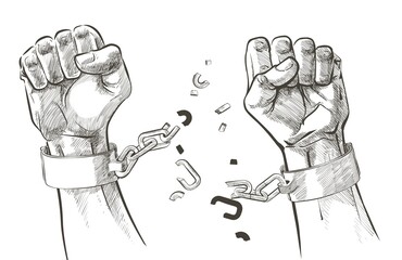 hands breaking steel shackles chain. Sketch vector