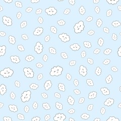 Kawaii funny white clouds set, muzzle with pink cheeks and winking eyes. Seamless pattern on blue background.