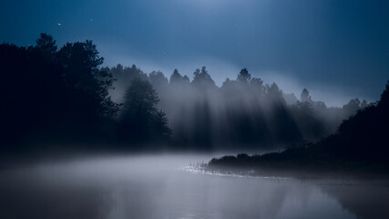 Mist over the river, moonlit night, fog