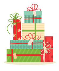 Set of Christmas gifts. Gift boxes with ribbons and patterns. Vector illustration in flat style.