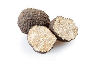 Black truffle and sections isolated on white, clipping path included