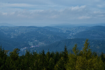 Fototapeta na wymiar Panorama of Krkonose mountains and Harrachov from Certova Hora