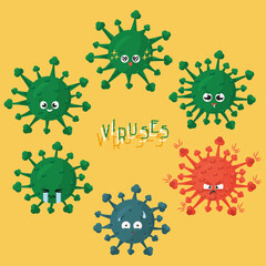 Set of Green, Blue and Red Corona virus emoji set of different emotions happy, cry, angry, in love on yellow background