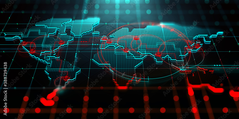 Poster Abstract map of continents. Globalization and geopolitics in high-tech world of future. 3D illustration of communications and data exchange in a virtual network. Bright, juicy, neon colors