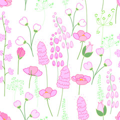 Seamless spring pattern with stylized cute pink flowers. Endless texture for your design, greeting cards, announcements, posters.