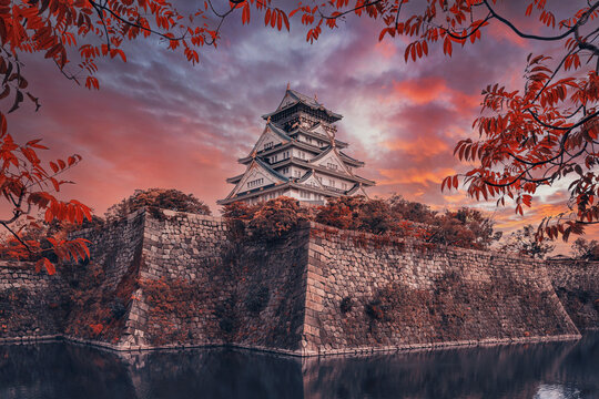 sunset over an Osaka Castle from the garden, Japan