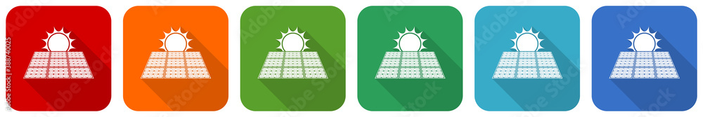 Poster sun over solar panel icon set, flat design vector illustration in 6 colors options for webdesign and