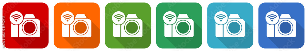 Poster photo camera, communication, wifi icon set, flat design vector illustration in 6 colors options for 