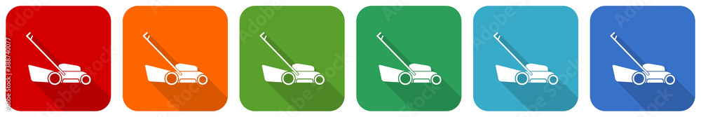 Aufkleber lawn mower icon set, flat design vector illustration in 6 colors options for webdesign and mobile ap