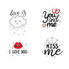 Set of hand drawn vector lettering quotes for Valentine's Day. Miss you. Happy Valentine's Day. Be My Valentine. I love you.