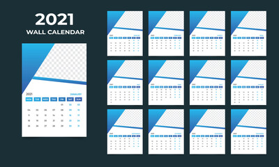 2021 wall calendar design. Set of 12 months. Week starts Monday.Ready for print.