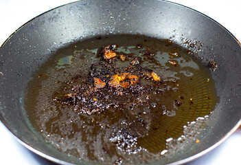 Burnt pan with oil. Fat leftovers close up. Unhealthy food. Damaged kitchenware.