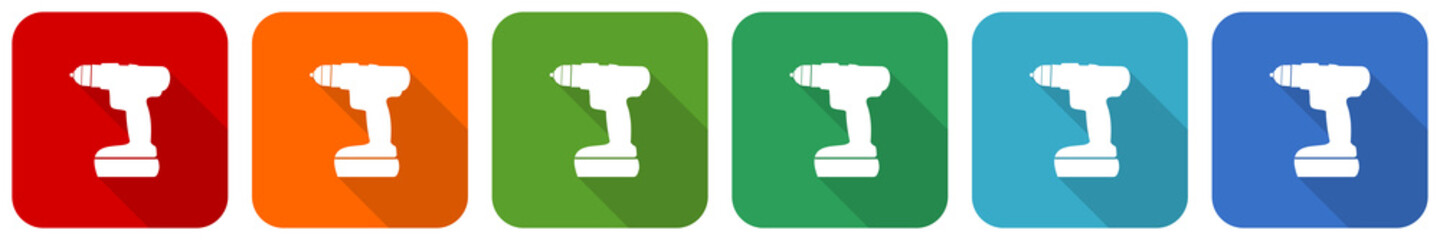 Cordless screwdriver, drill icon set, flat design vector illustration in 6 colors options for webdesign and mobile applications