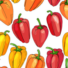Seamless pattern with different vegetables on white. Paprika,different color