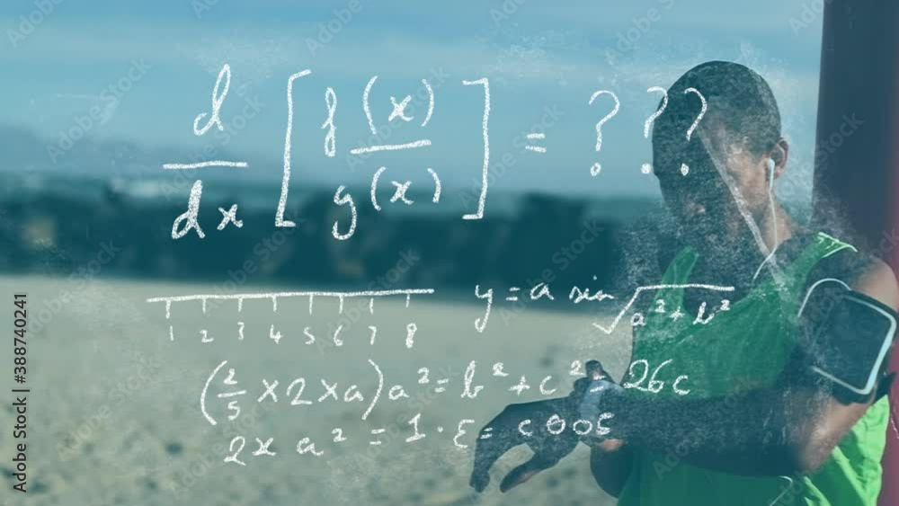 Poster man running over mathematical equations.