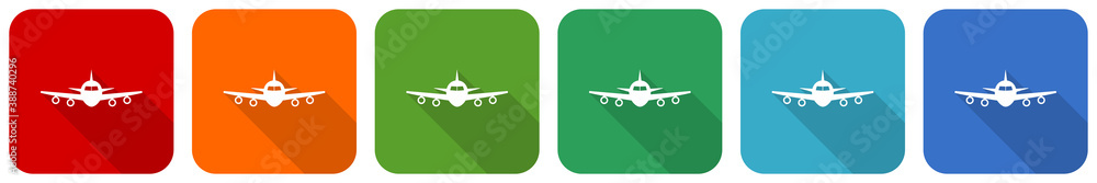 Aufkleber Flight, plane, aircraf icon set, flat design vector illustration in 6 colors options for webdesign and mobile applications