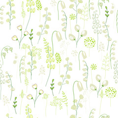 Seamless floral pattern with green twigs. Endless texture for your design, greeting cards, announcements, posters.