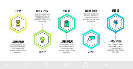 Vector infographic hexagons with five steps. Flat template can be used for diagram, web, banner, workflow layout, presentations, flowchart, info graph, timeline